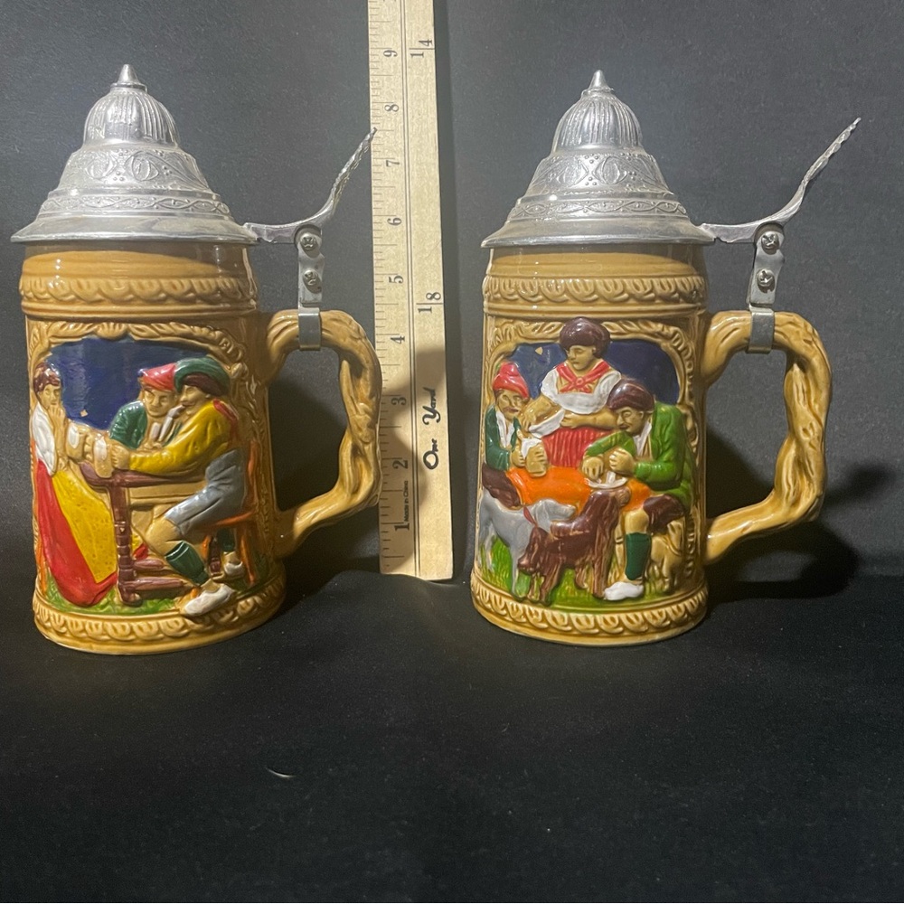 Set of Collectible German Beer Steins with Pewter Lid